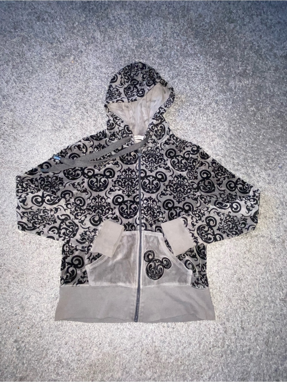 Y2K Disney Mickey Mouse Velour Damask Full Zip Hoodie Gray Black Women S
